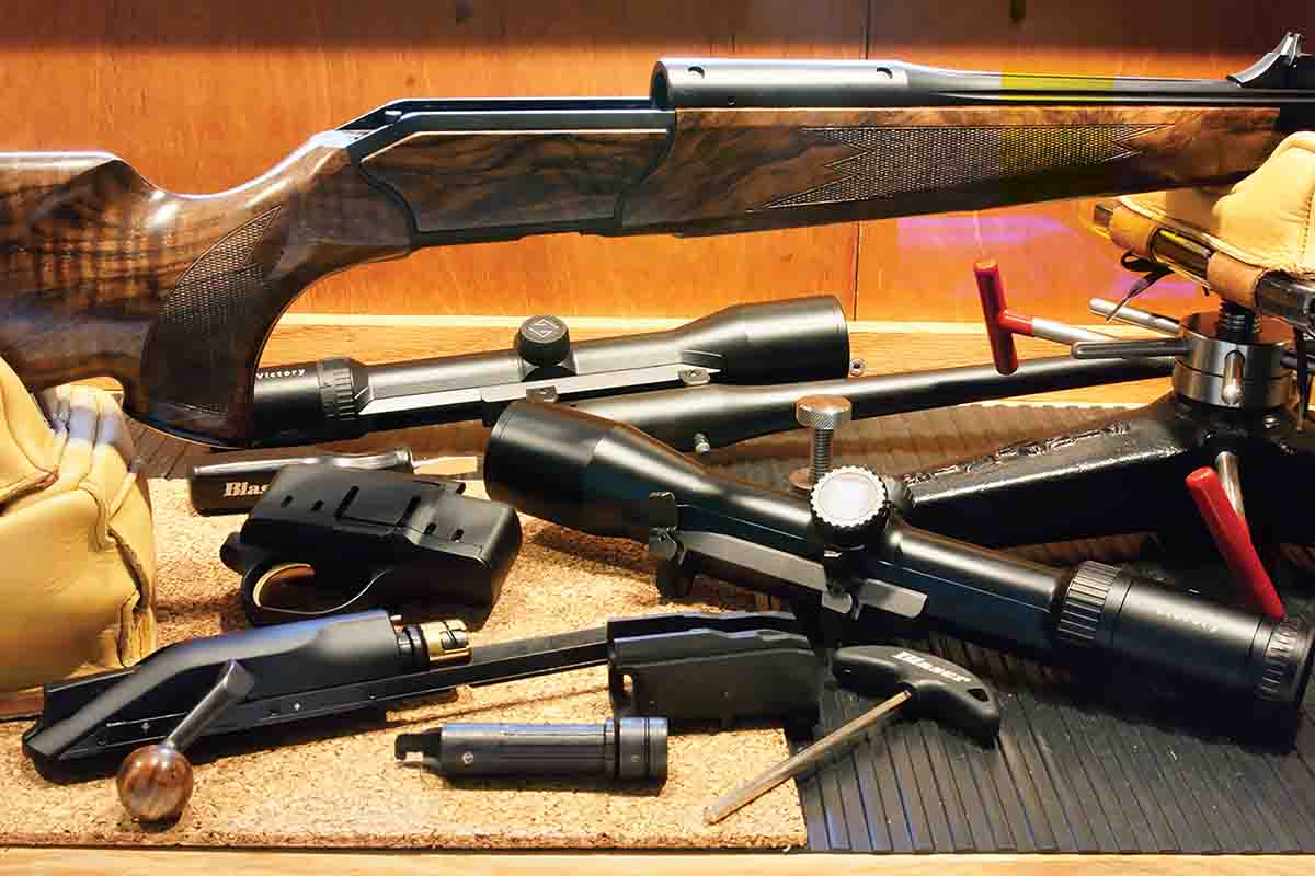 The Blaser R8, available for 15 years in an ever-expanding line of calibers, barrels and stock designs, is more an interchangeable-barrel system than a simple takedown. It could also be called a “quick detachable everything” system, but it illustrates how complex this can become – and the pitfalls inherent in being dependent on tools.